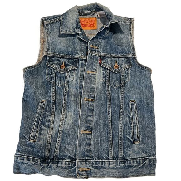 Levi’s Blue Denim Collar Pockets Button Up Vest Size S - Picture 1 of 12
